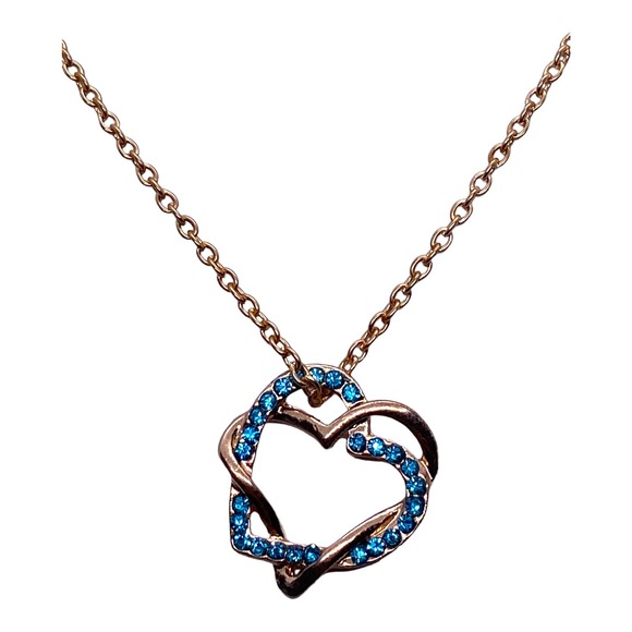 Imitation Yellow Gold BLUE TOPAZ Rhinestone Double Heart Pendant Necklace - Picture 1 of 6